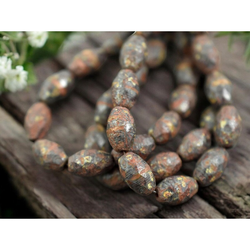 *12* 12x8mm Etched Mottled Fire Red Picasso Fire Polished Faceted Oval Beads