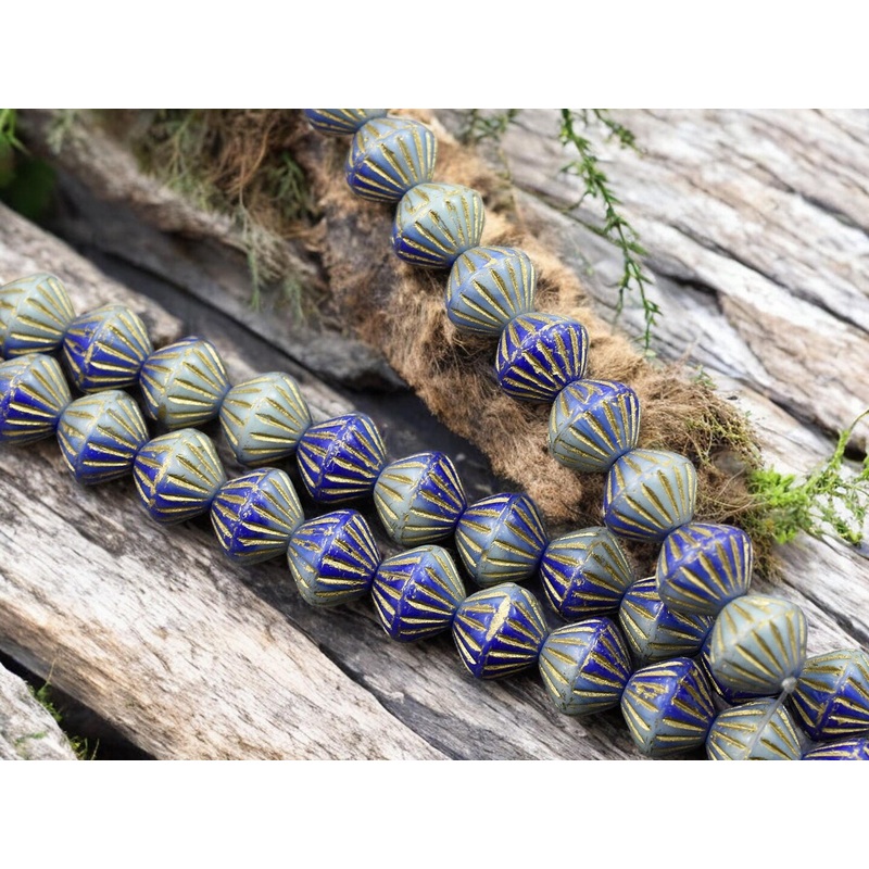*12* 8x9mm Gold Washed Blended Turquoise & Blue Carved Bicone Beads