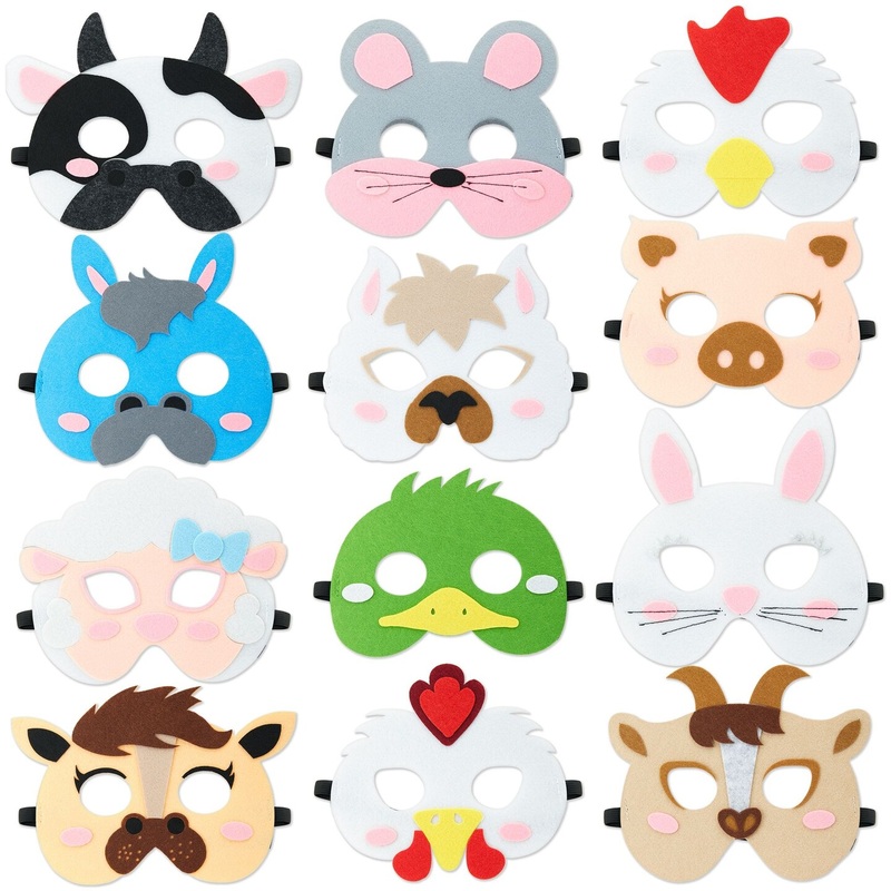 12 Pack Felt Farm Animal Masks for Kids, Jungle Safari Party Favors for Birthday (7×7.2 in)