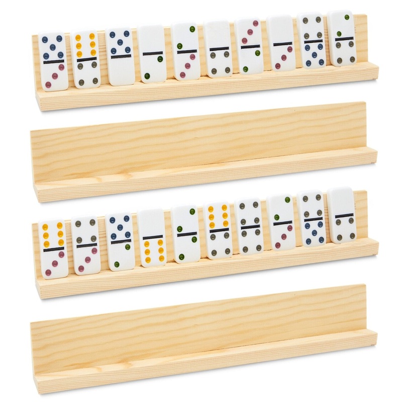 4 Pack Domino Holder 13 inches, Wooden Dominoes Racks Trays Stand for Domino Table, Mexican Train, Chicken Foot, Mahjong Game