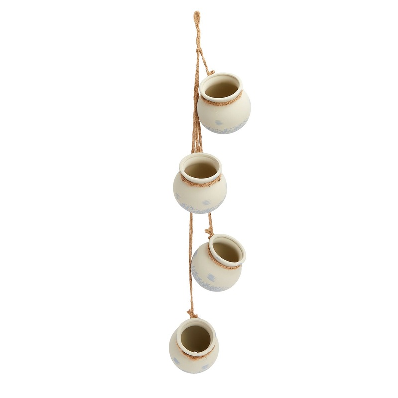 4 Piece Small Ceramic Window Hanging Planters on 23″ Jute Rope for Fence, 4 Inch Pots for Succulents, Indoor, Outdoor Flowers