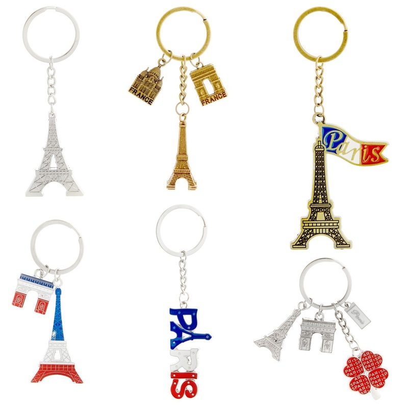 6 Pack Paris Keychain Souvenir Gifts, France Souvenir Gift, Key Rings with Eiffel Tower, French Flag, and Arc de Triomphe