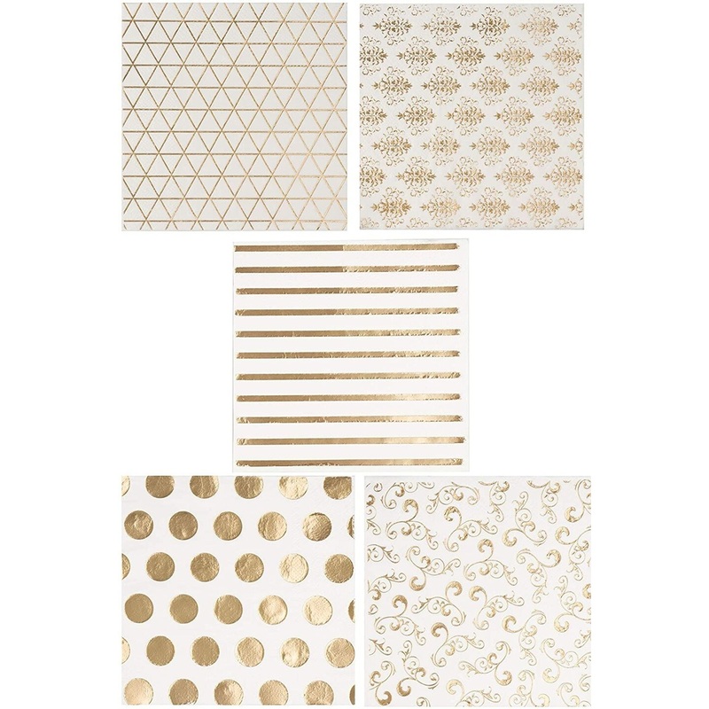 BLUE PANDA 100 Pack White and Gold Paper Disposable Cocktail Napkins for Wedding Reception, Birthday, 5×5 In