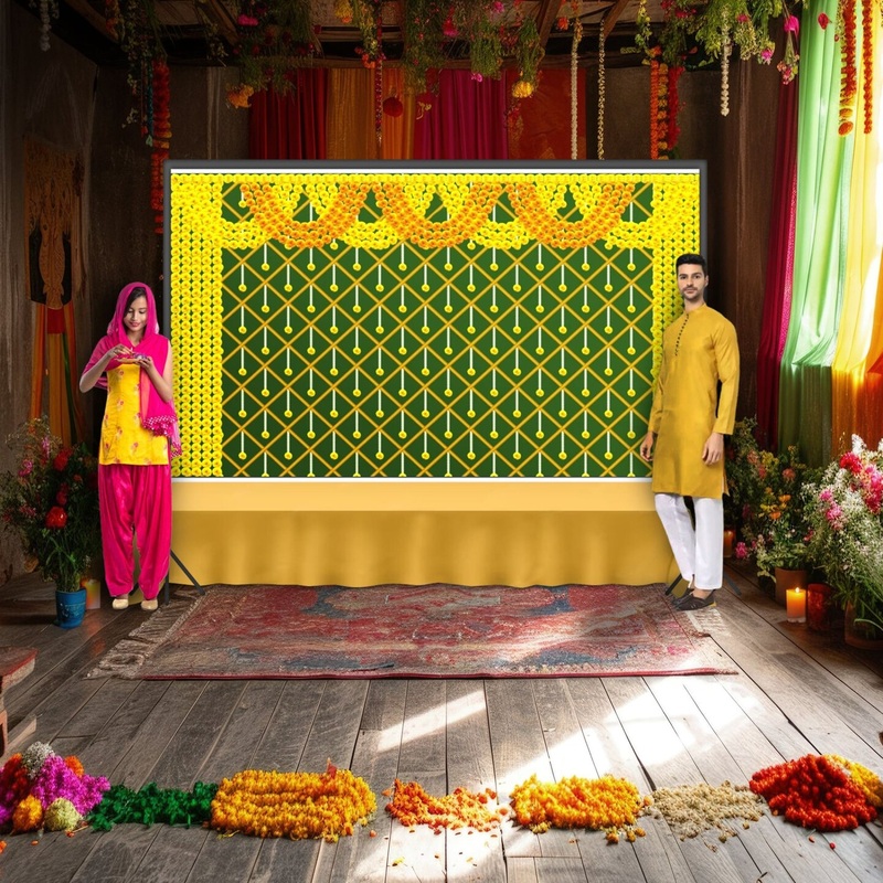 Marigold Backdrop Indian Traditional Cloth Backdrop 5×8 Feet Pooja Backdrop Indian Wall Art Photo Decor Banner Diwali Decor Wedding Backdrop Decorative Cloth Backdrop
