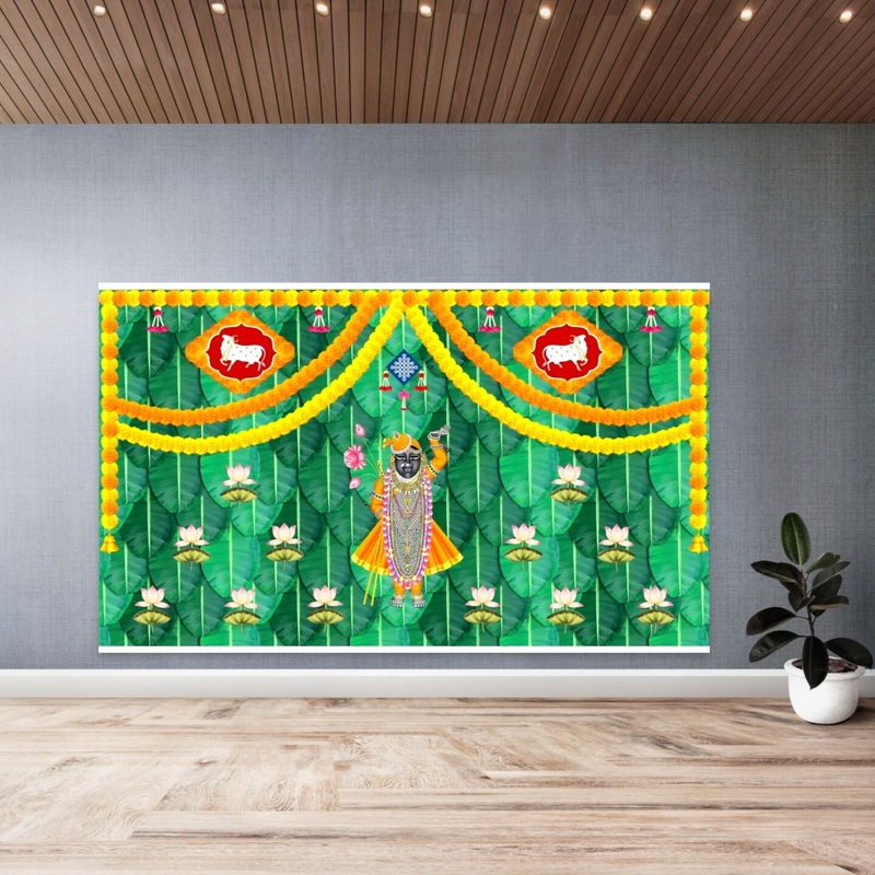 Shri Nath Ji with Cow Backdrop Indian Traditional Cloth 5×8 Feet Backdrop Pooja Backdrop Indian Wall Art Photo Decor Banner Diwali Decor Wedding Backdrop Decorative Cloth Backdrop