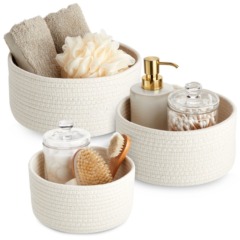 3 Pack Woven Baskets for Storage, Small Round Cotton Rope Organizing Bins (3 Sizes, White)