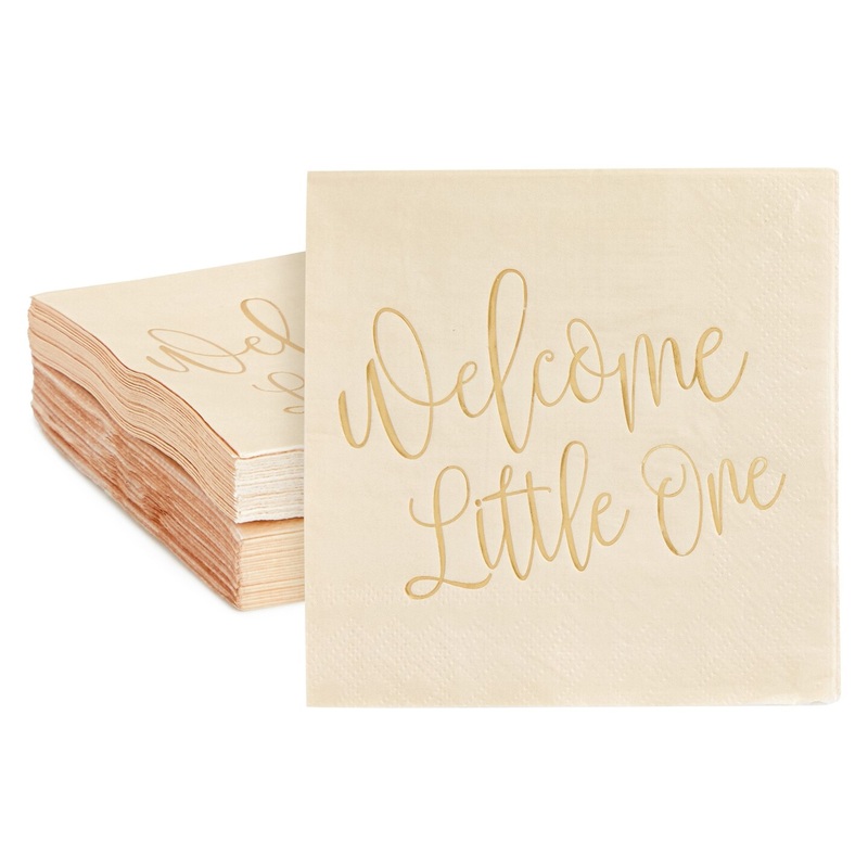 50 Pack Pink Baby Shower Napkins  Welcome Little One Light Tan Napkins with Gold Foil for Baby Shower Decorations (5×5 In)