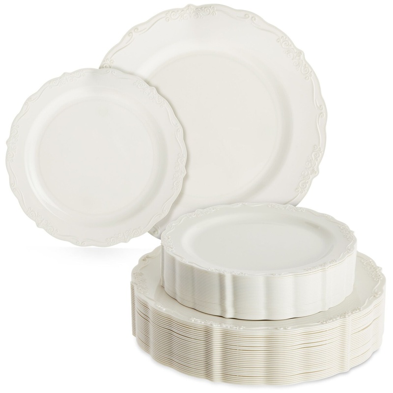 Set of 60 Cream Plastic Plates, Elegant Vintage Design for Party Supplies, Weddings, Disposable (30 Dinner Plates, 30 Dessert Plates, 2 Sizes)