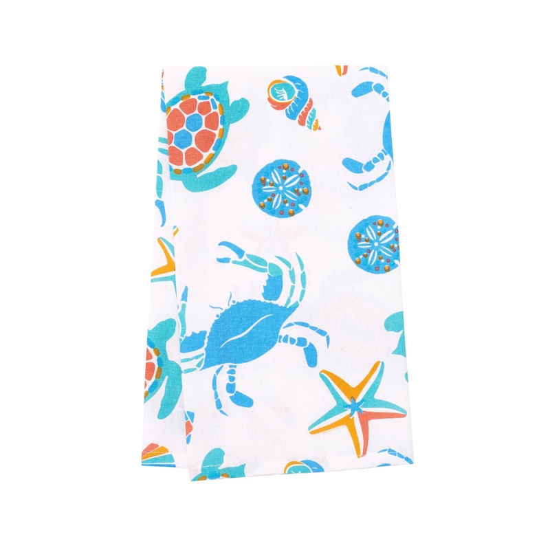 Caraway Coral Kitchen Towel Blue Seaturtle Crab & Starfish Print