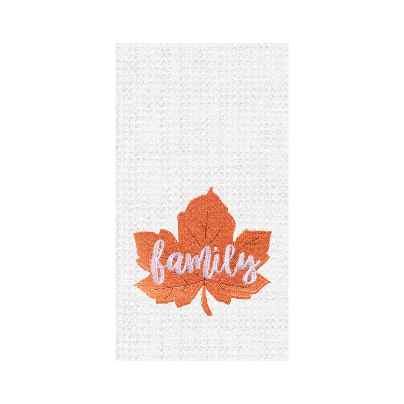 “Family” Leaf Embroidered Waffle Weave Kitchen Autumn Dishtowel