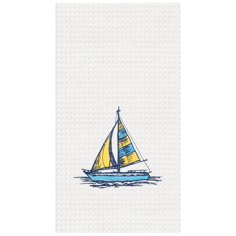 Sail Boat Embroidered Waffle Weave Cotton Kitchen Towel