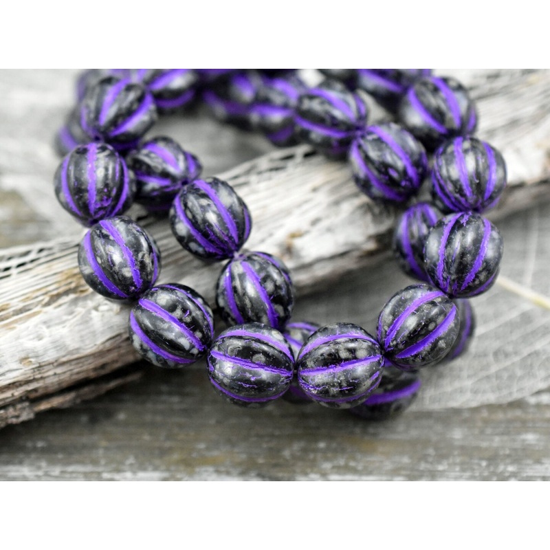 *10* 10mm Purple Washed Jet Picasso Round Melon Beads