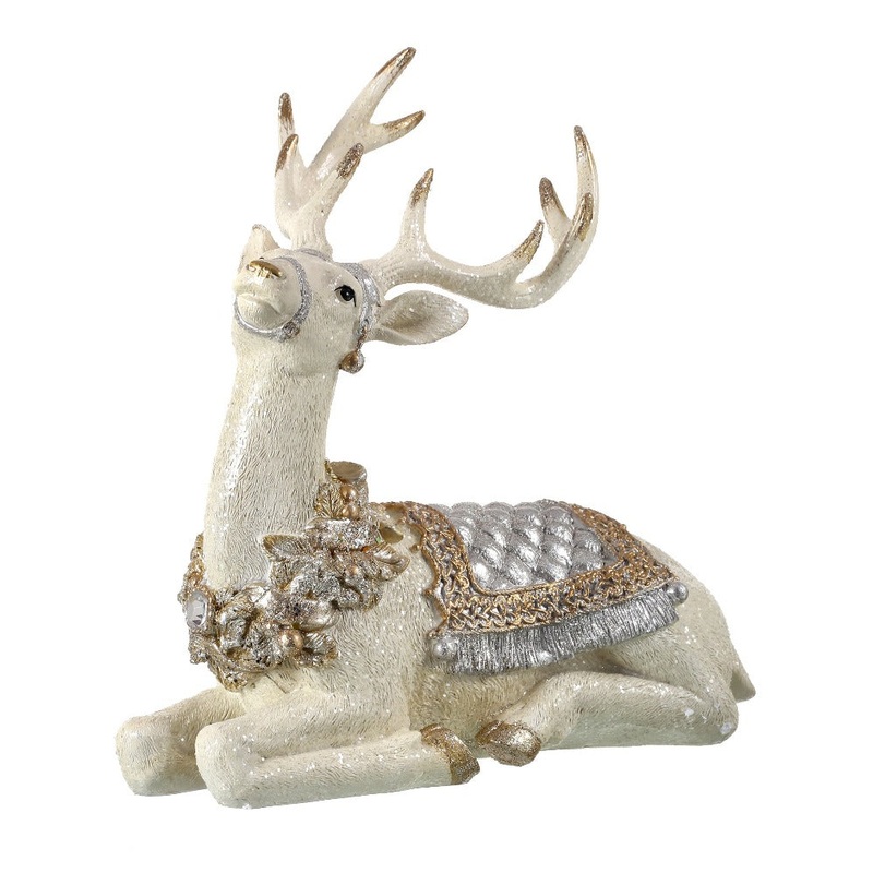 10″ Resin Laying Deer with Glitter Saddle & Blanket  Elegant Christmas Figurine