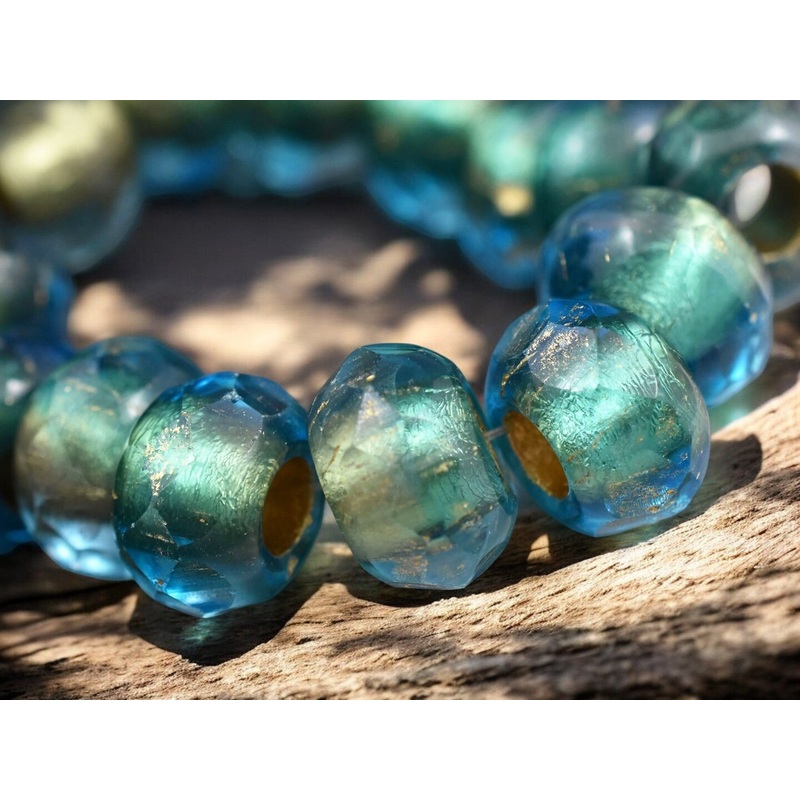 *15* 7x12mm Copper Lined Capri Blue Fire Polished Big Hole Rondelle Beads