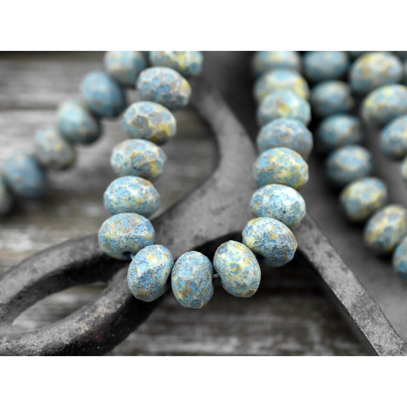 *25* 5x7mm Turquoise Washed Etched Matte Beige Picasso Fire Polished Rondelle Bead