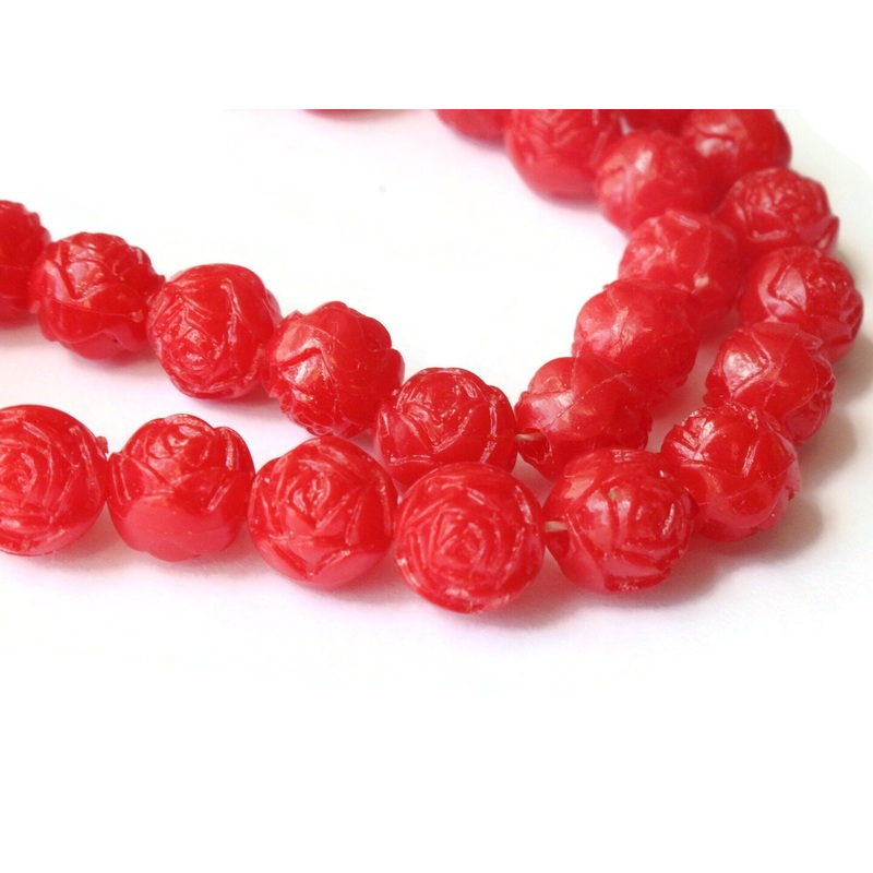 44 8mm Vintage Plastic Red Pressed Rose Beads Full Strand