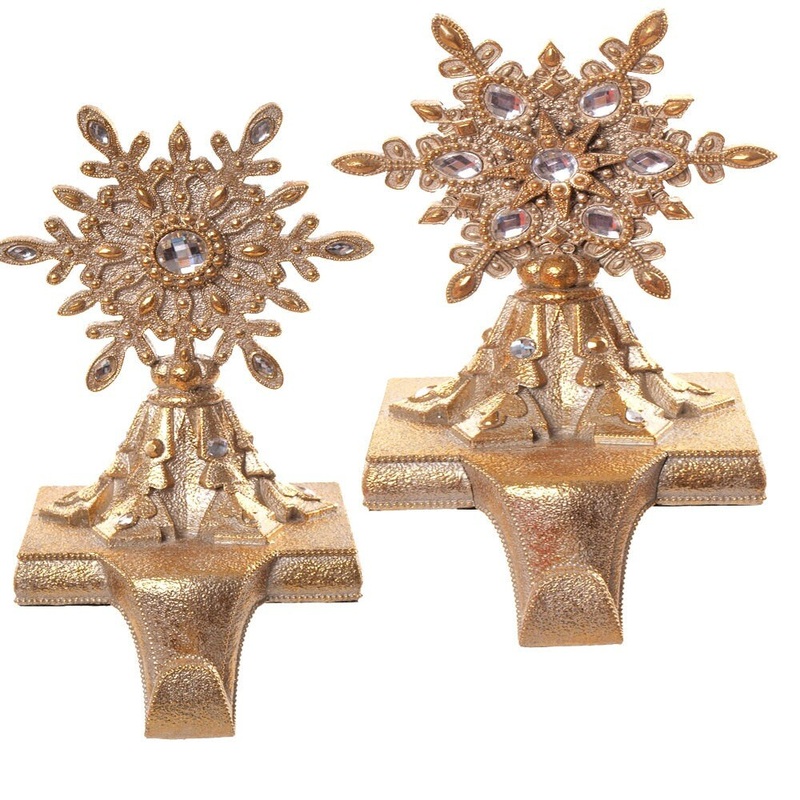 9″ Jeweled Snowflake Stocking Holders  Set of 2 Assorted Gold Christmas Decor