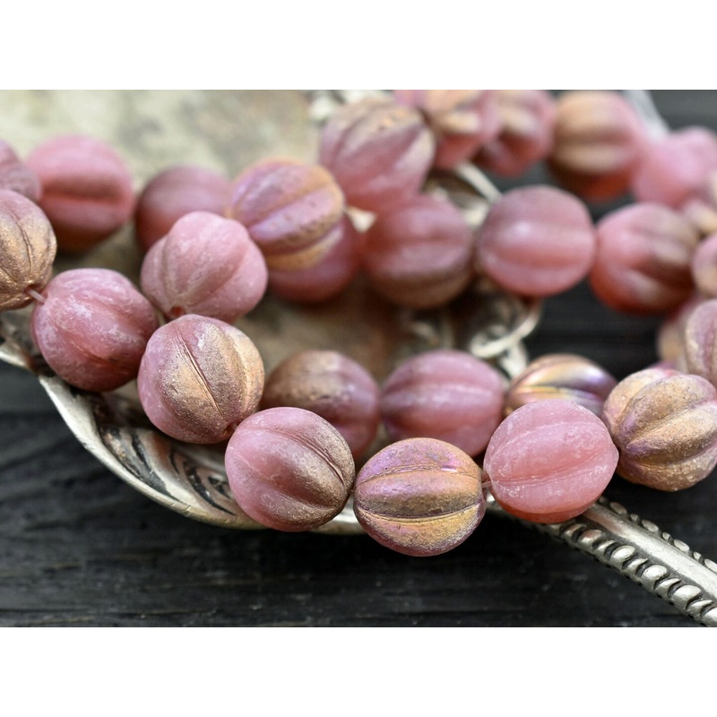 Copper Washed Etched Dusty Rose Round Melon Beads