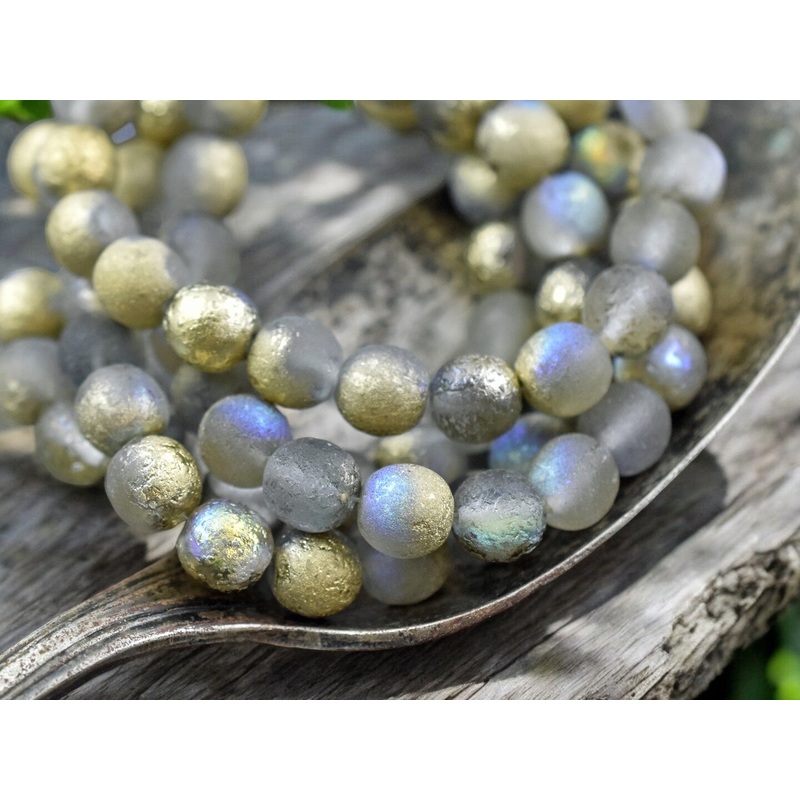 Gold Etched Matte Transluent Grey AB Round Druk Beads