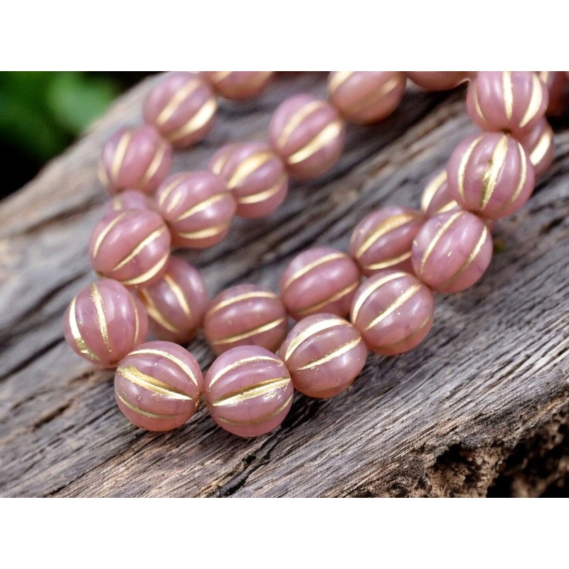 Gold Washed Pink Opal Round Melon Beads