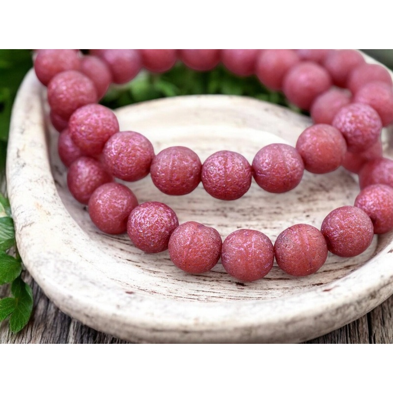 Metallic Pink Washed Gold Lustered Red Round Druk Beads