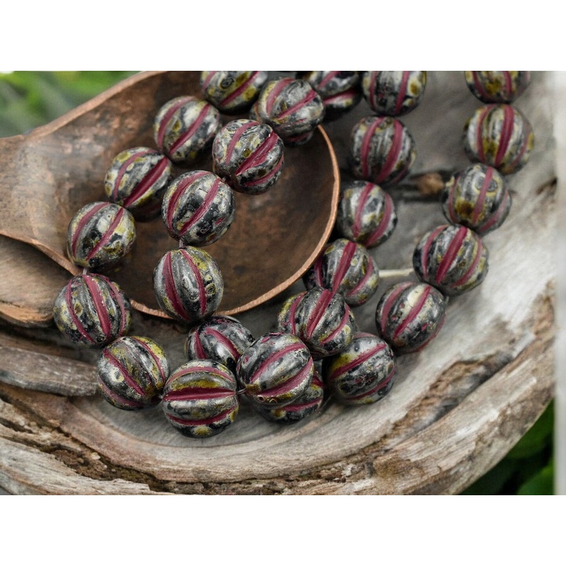 Red Washed Jet Picasso Round Melon Beads
