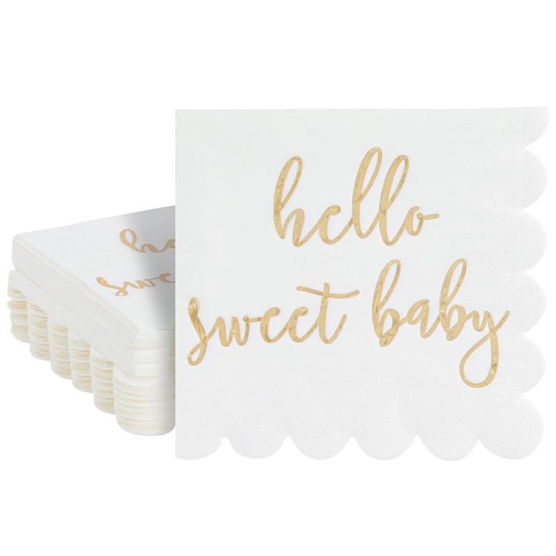 50 Pack White Scalloped Baby Shower Napkins for Girls and Boys, Gold Foil Hello Sweet Baby Decorations (5 x 5 In)