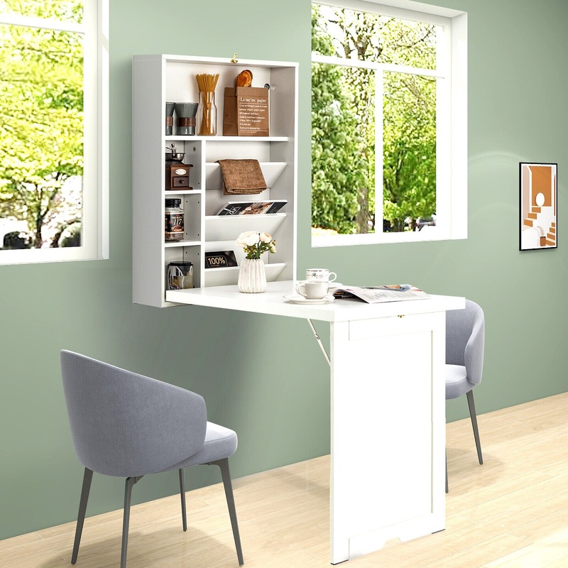 Costway Wall Mounted Computer Convertible Desk Floating Desk w/ Storage Bookcases White
