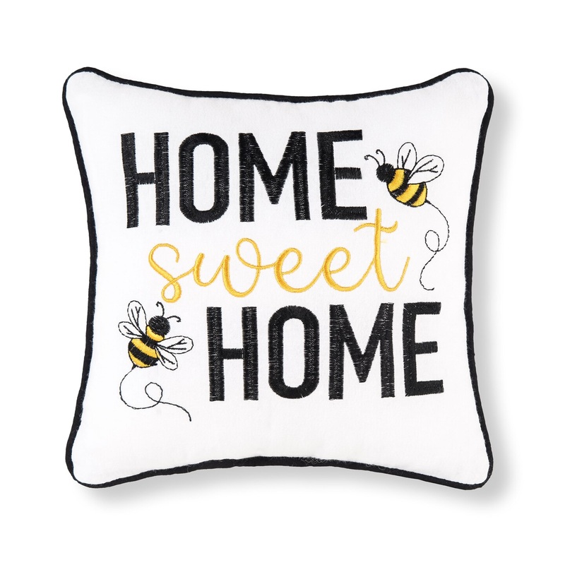 10″ x 10″ Buzzing Bumble Bees “Home Sweet Home” Embroidered Accent Pillow