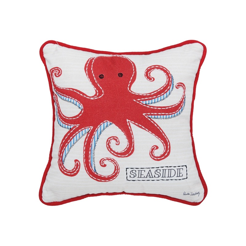 10″ x 10″ Octopus Seaside Printed and Applique Cott0n Small Petite  Size Accent Throw Pillow
