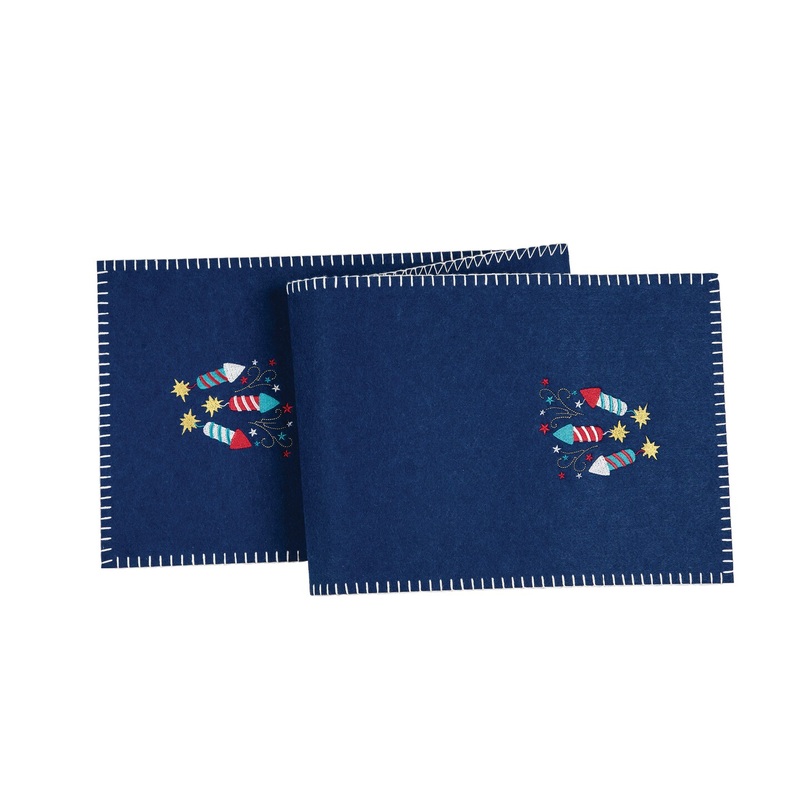 12″ x 47.25″ Patriotic 4th of July Solid Blue Sparkler Embroidered Fireworks Design Felt Table Runner