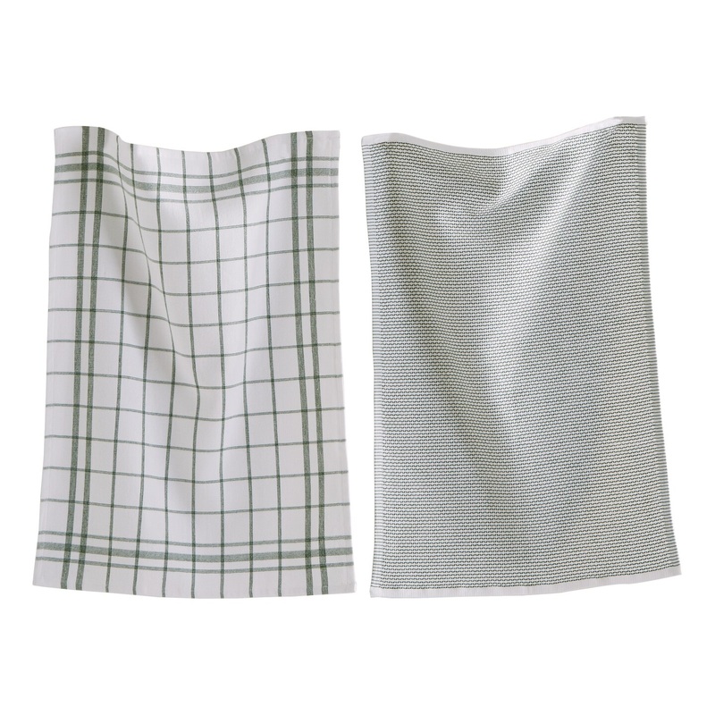 26L”x18W” Classic Foliage Cotton Set of 2 Checked and Solid Terry Cloth Dishtowel Kitchen Towel Green Machine Washable