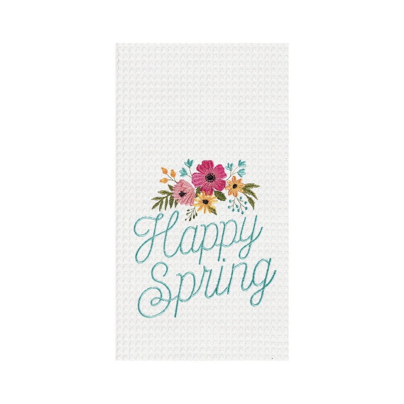 “Happy Spring” Embroidered Waffle Weave Kitchen Dishtowel