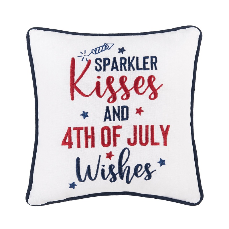 10″ x 10″ Patriotic “Sparkler Kisses & 4th of July Kisses” Embroidered Small/Petite Square Accent Throw Pillow