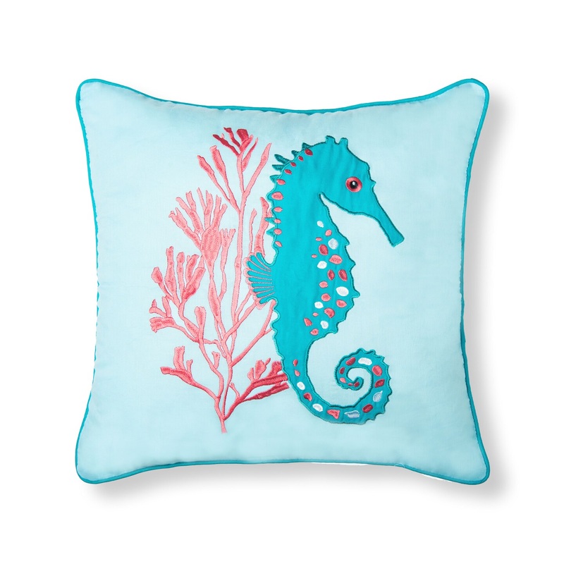 18″ x 18″ Seahorse & Coral Embroidered Throw Pillow