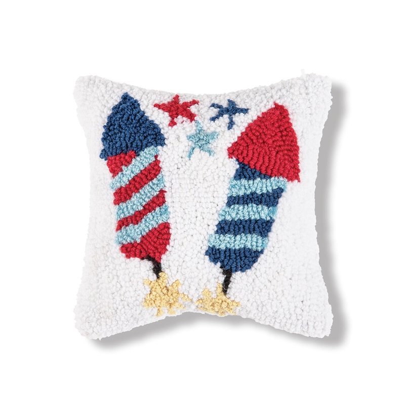 8″  x 8″ Patriotic Stars & Rocket Fireworks Hooked Small/Petite Accent Throw Pillow