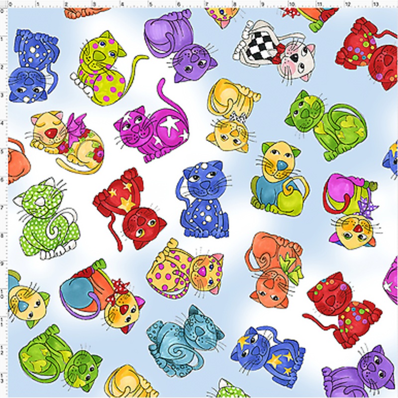 Tossed Happy Cats Blue Sky Fabric sold by the yard by Loralie Designs