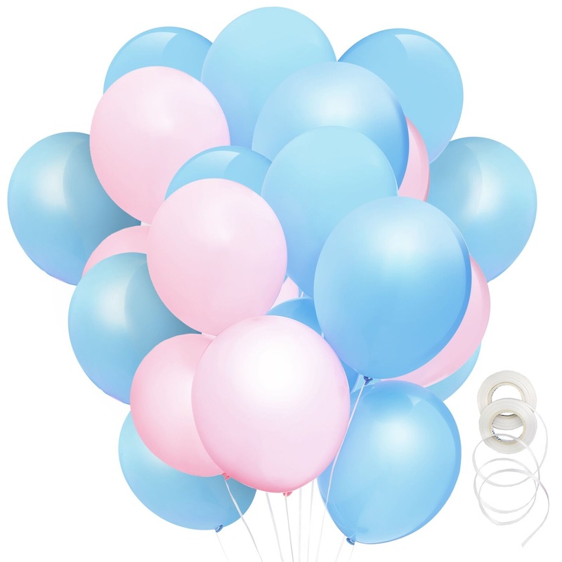 100 Pack Pink and Blue Balloons for Gender Reveal, Baby Shower, Birthday Party with 32.8 ft Ribbon (50 of Each Color, 12 in)