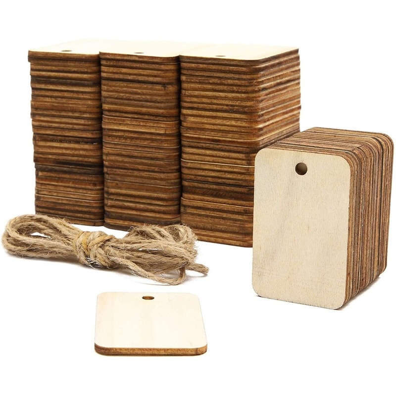 100pcs Unfinished Wood Gift Tags, 1.3″ x 2″ Rectangle Shaped Hanging Wood Cutouts with Hemp Rope for DIY Craft Projects