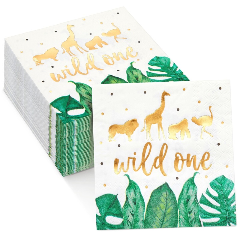50 Pack Wild One Napkins for Jungle Safari First Birthday Party Supplies, Animal Print Napkins for Boys or Girls Party, Green Leaves with Gold Foil Accents (5 x 5 In)