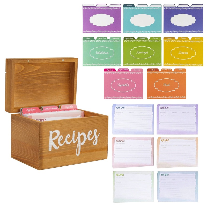 Wooden Recipe Box (7x5x5 in) with Cards and 24 Dividers with Meat, Veggie, Dessert Tabs