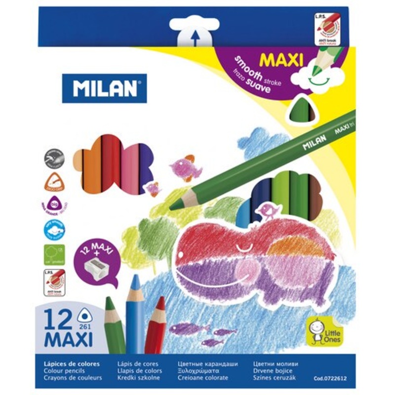 MILAN KIDS MAXI ERGO GRIP COLOR PENCIL 12PC  SHARPENER