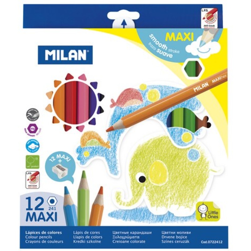 MILAN KIDS MAXI GRIP COLOR PENCIL 12PC  SHARPENER