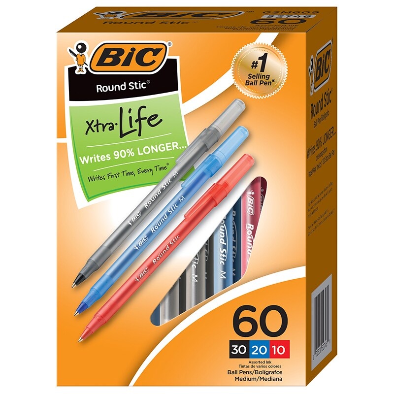 Round Stic Xtra Life Ballpoint Pen, Medium Point (1.0mm), Assorted, Box of 60