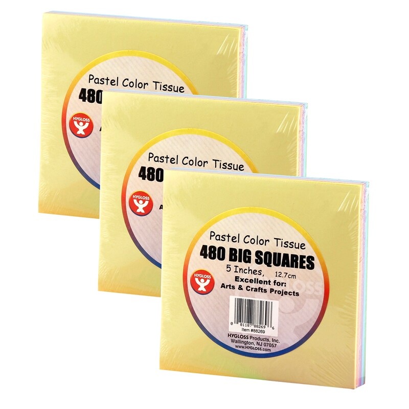 5″ Tissue Squares, Pastel Colors, 480 Per Pack, 3 Packs