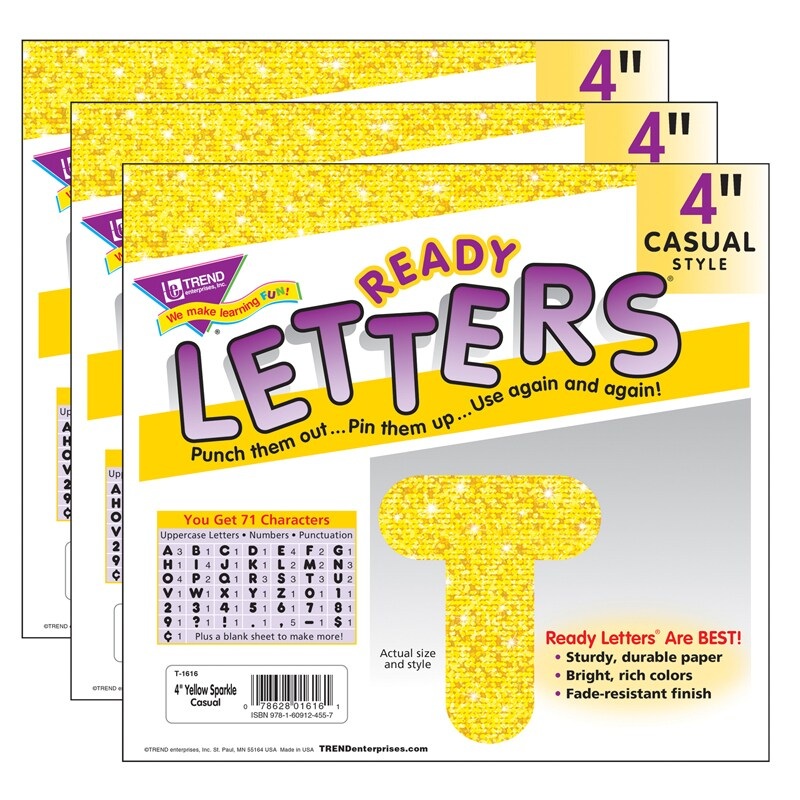 Yellow Sparkle 4″ Casual Uppercase Ready Letters, 71 Per Pack, 3 Packs