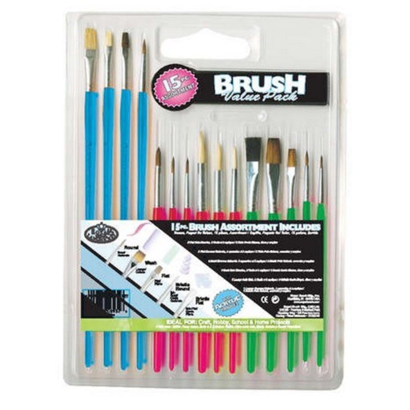 15PC ACRYLIC HANDLE ALL PURPOSE BRUSH VALUE PACK
