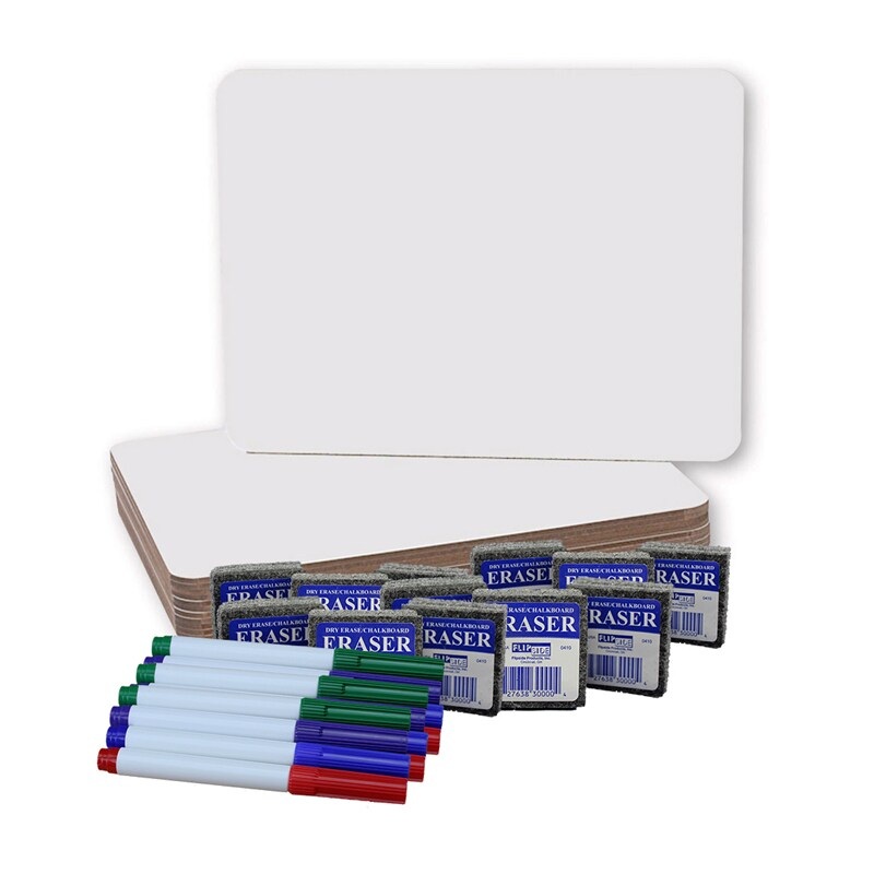 Dry Erase Boards (9″ x 12″) with Colored Pens & Erasers, Set of 12