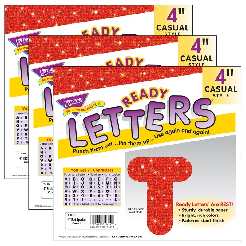 Red Sparkle 4″ Casual Uppercase Ready Letters, 3 Packs