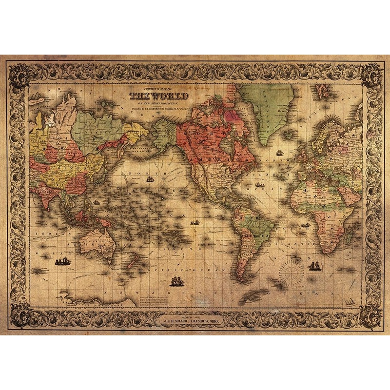 1852 Coltons Vintage Map of the World Antiqued Poster Print by Colton Colton # FAS2040